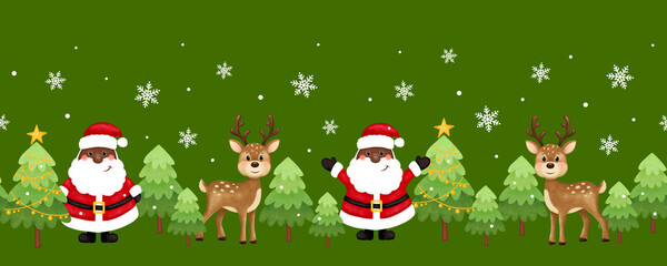 Seamless Christmas pattern. Black santa, deer, trees, stars, snow. African American Santa. New Year and Christmas holidays, New Year's decor for home and clothes.