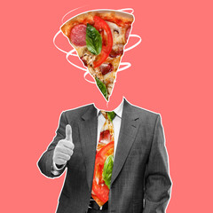 Contemporary art collage. Inspiration, idea, trendy urban magazine style. Man in business suit with piece of pizza instead head