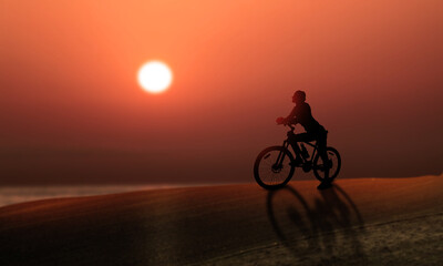 Fototapeta na wymiar Woman Bike sunset. Young Woman Standing on hill with bicycle watching A Beautiful sunset and Enjoying a good Moment. happy Female cyclist Lifestyle . 