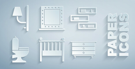 Set Baby crib cradle bed, Shelf with books, Toilet bowl, Chest of drawers, Makeup mirror lights and Wall sconce icon. Vector