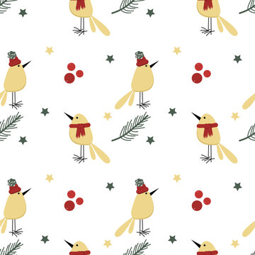 Fototapeta Vector seamless pattern with christmas trees, cartoon birds and stars in Scandinavian style for fabrics, paper, textile, gift wrap isolated on white background