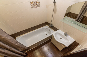 Russia, Moscow- May 03, 2020: interior room apartment modern bright cozy atmosphere. general cleaning, home decoration, bathroom, sink, decor elements, toilet