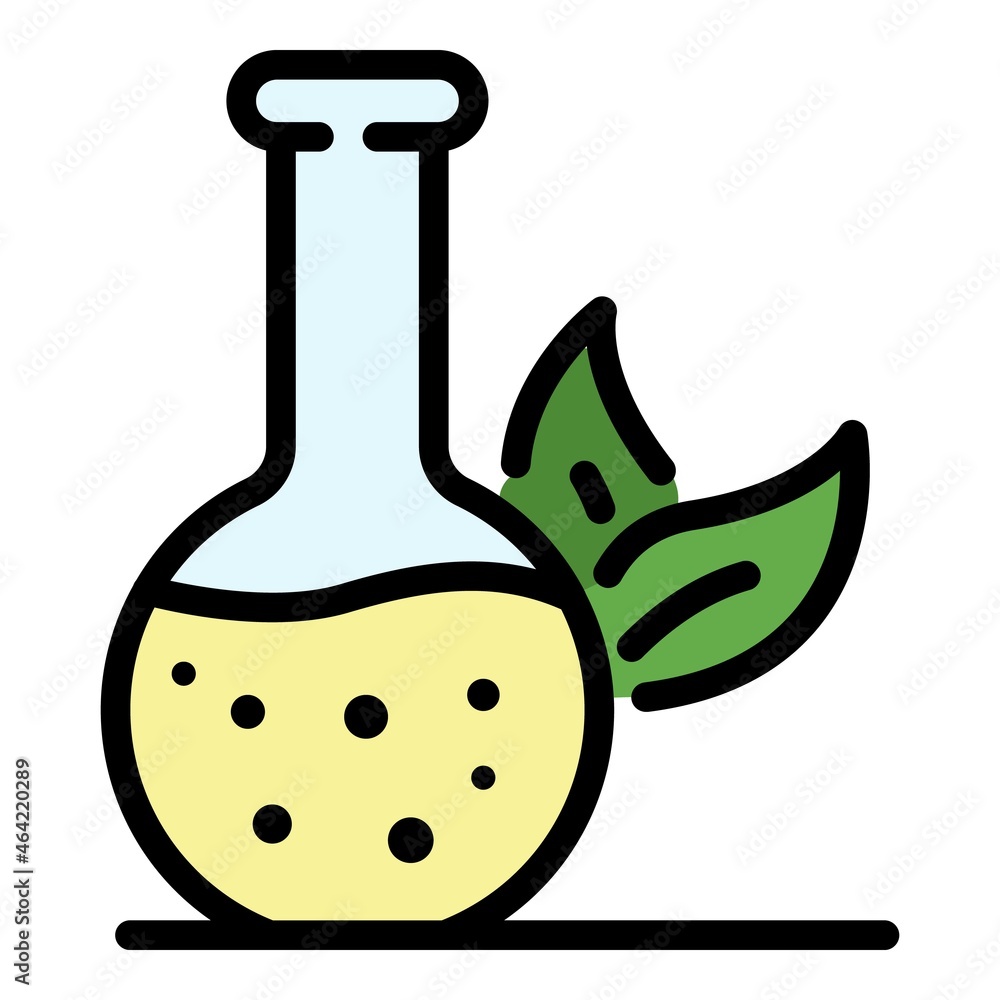 Poster flask and leaves icon. outline flask and leaves vector icon color flat isolated