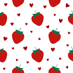 Hand drawn Seamless Strawberry and hearts doodle style pattern isolated,  fresh fruit - healthy food. Strawberry seamless pattern. Delicious berries background.