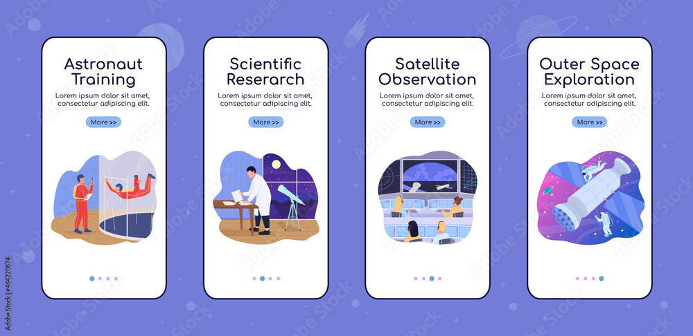 Poster outer space exploration onboarding mobile app screen flat vector template. walkthrough website 4 ste