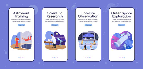 Outer space exploration onboarding mobile app screen flat vector template. Walkthrough website 4 steps with characters. Creative UX, UI, GUI smartphone cartoon interface, case prints set