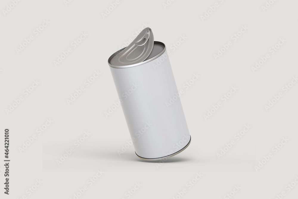 Poster empty blank tin can mock up isolated on a grey background. pets meal tin can. 3d rendering.