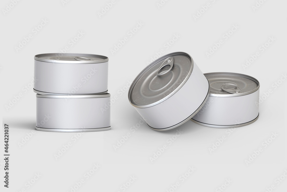 Poster empty blank tin can mock up isolated on a grey background. pets meal tin can. 3d rendering.