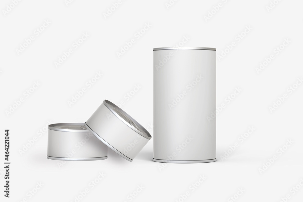 Poster empty blank tin can mock up isolated on a grey background. pets meal tin can. 3d rendering.