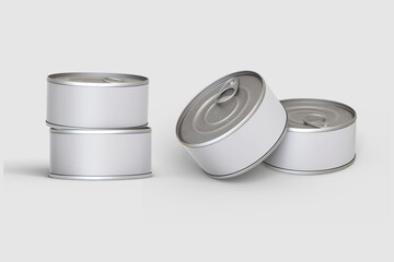 Empty blank tin can Mock up isolated on a grey background. Pets meal tin can. 3d rendering.