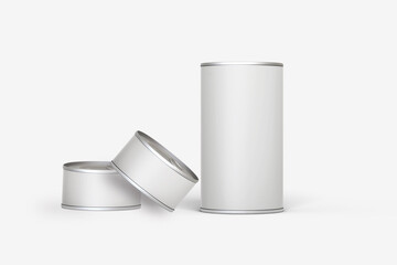 Empty blank tin can Mock up isolated on a grey background. Pets meal tin can. 3d rendering.