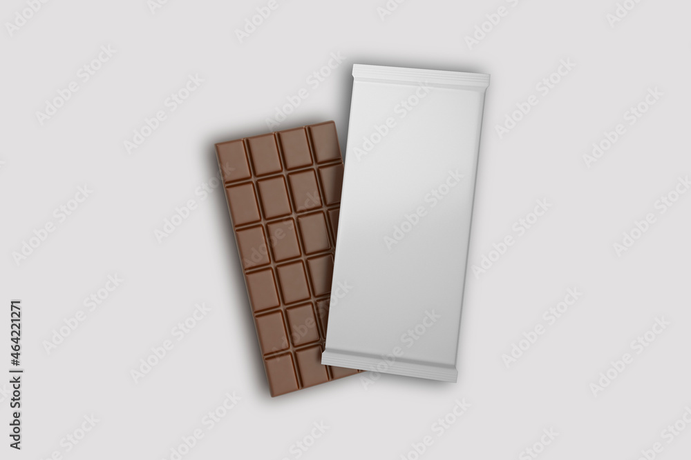 Poster chocolate bar mock up with packaging isolated on a grey background. milk chocolate stick mock up. 3d