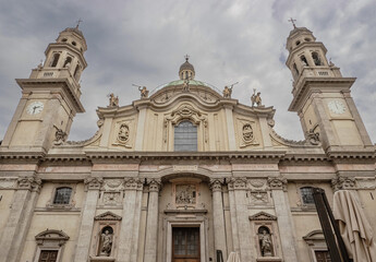 Fototapeta na wymiar Church of Santa Maria Segreta, double bell tower facade, 1911. Milan, Italy