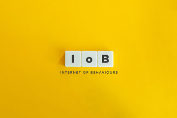 IoB (Internet of Behaviours) banner and concept. Block letters on bright orange background. Minimal aesthetics.