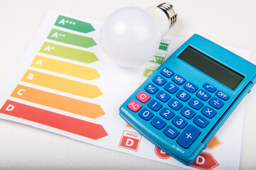 Energy efficiency rating chart, fluorescent light bulb and calculator - 464221464