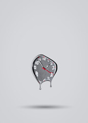 Melting clock on grey background. Time passing by idea. Minimal abstract life or business concept. With copy space.
