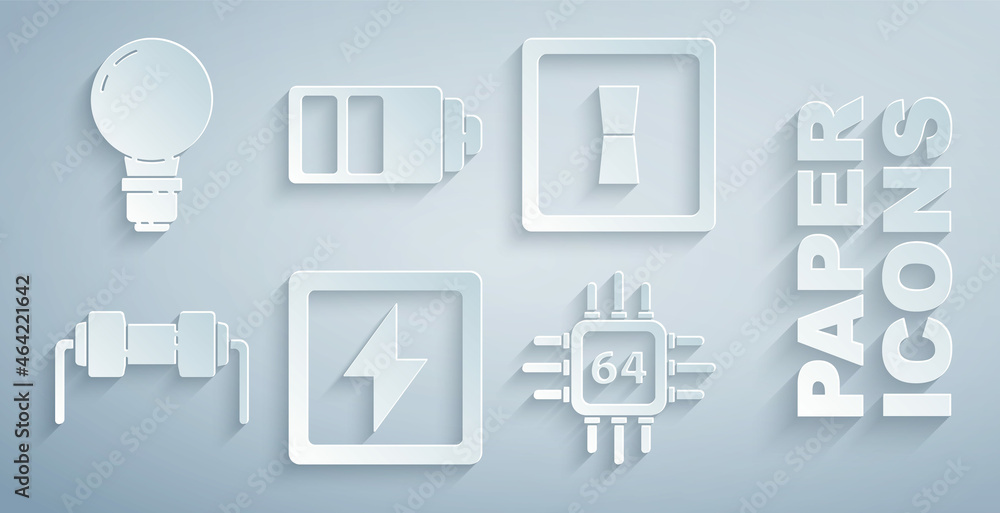Poster set lightning bolt, electric light switch, resistor electricity, processor with microcircuits cpu, b