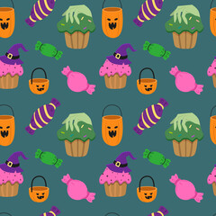 Vector seamless Halloween background with candy and other symbols