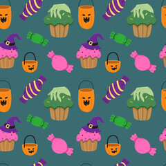 Vector seamless Halloween background with candy and other symbols