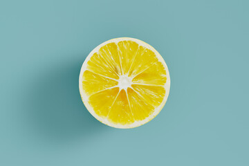 Top view of a slice of lemon on a blue background, banner for the site, studio shooting, 3d rendering