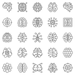 AI Digital Brain line icons set - vector Artificial Intelligence symbols