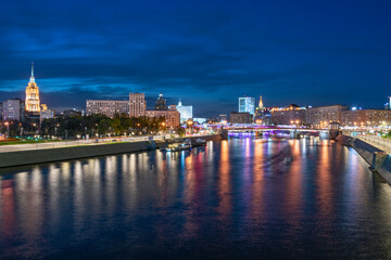 Night view of the Moskva River, Novoarbatsky Bridge. Moscow, Russia.