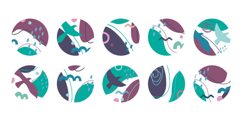 Set of round abstract backgrounds. Birds, spots, drops, curves, lines. Vector illustration. Illustration for mobile apps, social media icons templates, designs, posters and advertisements.
