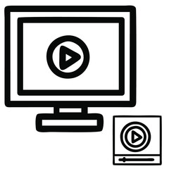 Illustration of computer monitor with triangle symbol, app or pause. Vector icon black line style