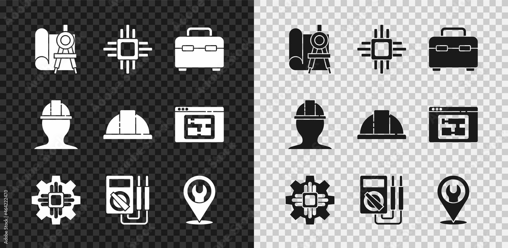 Poster set graphing paper and compass, processor with microcircuits cpu, toolbox, multimeter, location wren