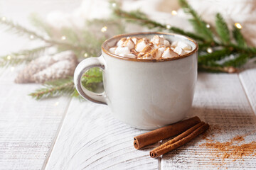 Winter hygge background with cocoa, marshmallow, cinnamon, red berries and christmas lights