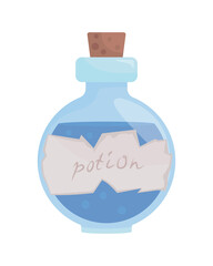 Blue potion bottle semi flat color vector item. Apothecary vial. Realistic object on white. Halloween decoration isolated modern cartoon style illustration for graphic design and animation