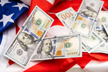 top view american flag on us dollars background - obrazy, fototapety, plakaty