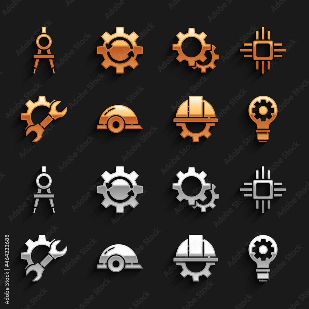 Poster set worker safety helmet, processor with microcircuits cpu, light bulb and gear, wrench spanner, gea