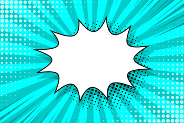 Pop art halftone background. Comic starburst pattern. Aquamarine banner with speech bubble, dots and beams. Cartoon superhero print. Gradient wow design. Vintage duotone texture. Vector illustration.