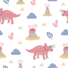 Cartoon dinosaur triceratops among tropical plants, clouds and an erupting volcano. Seamless pattern for kids. Colorful elements isolated on white background. Hand drawn flat vector illustration. © Alice