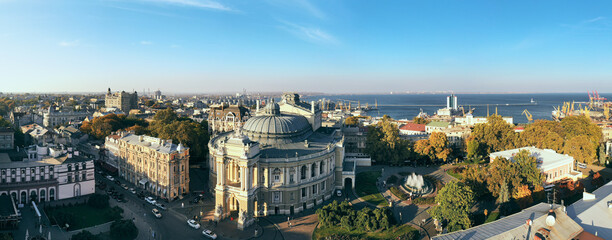 Fototapeta na wymiar Air panorama the National Opera and Ballet Theatre in Odessa Ukraine with city and port background..