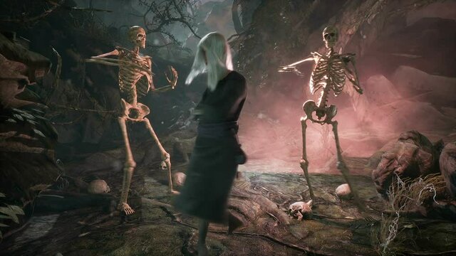 A witch and skeletons do a rousing dance on Halloween night in a spooky, dark forest. Halloween Horror Concept. The looped animation is perfect for Halloween or horror backgrounds. 3D rendering.