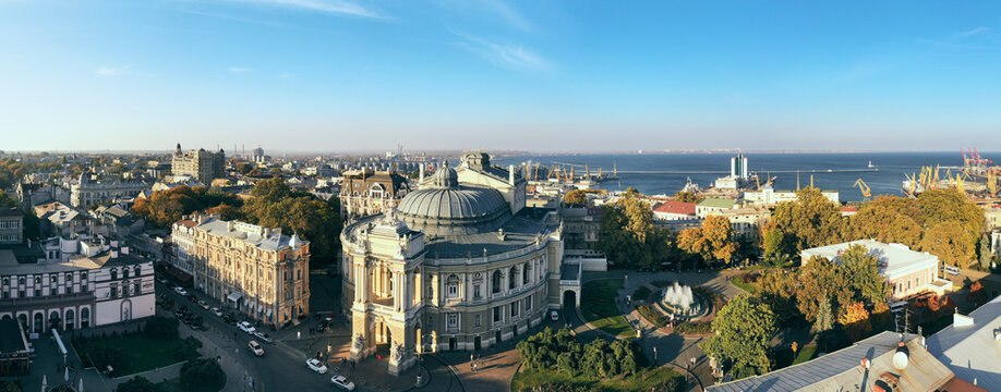 Air panorama the National Opera and Ballet Theatre in Odessa Ukraine with city and port background..