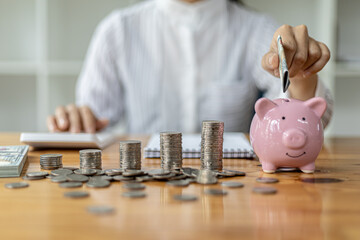 A businesswoman holds dollar bills in a piggy bank. Placing coins in a row from low to high is comparable to saving money to grow more. The concept of growing savings and saving by investing in stock.