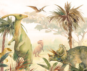 Watercolor landscape: dino world. Hand painted nature view with palms, plants and dinosaurs. Beautiful jurassic period scene - 464224003