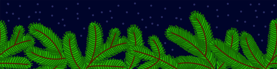 Fototapeta na wymiar Seamless border of spruce branches Happy New Year illustration on dark blue background. Vector