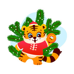 Obraz na płótnie Canvas Cute tiger in chinese costume with coin character symbol Happy New Year funny illustration isolated on white background. Vector