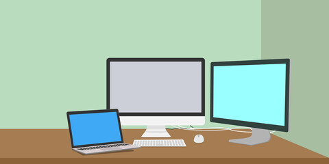 Triple display banner. 2desktops and laptop. vector illustration, copy space, mockup, website, banner, header, background, template, desk, room, green