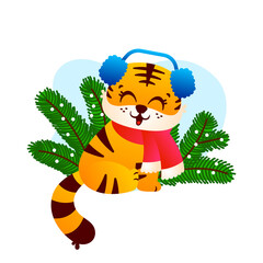 Cute tiger warm headphones character symbol Happy New Year funny illustration isolated on white background. Vector