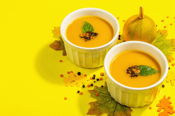 Vegetable cream soup. Traditional autumn composition. Healthy hot food, spices, foliage