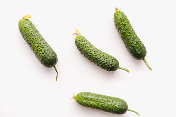 Green cucumbers on a white background. Pimpled cucumbers. 