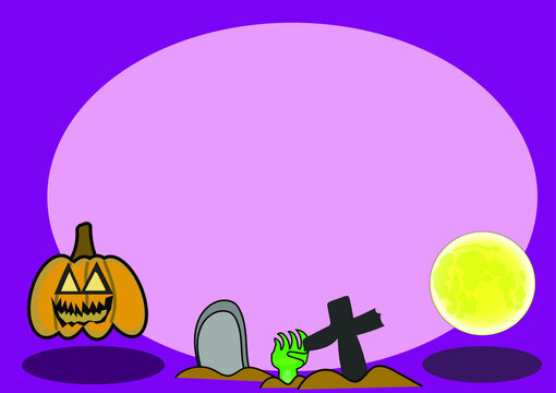 Halloween background purple copy space in clude moon tombstone cross cemetery jack o lantern pumpkin