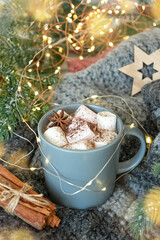 Winter still life from fir branches, scarf,grey mug of cocoa, coffee or hot chocolate with marshmallow on warm plaid with garland. Concept of cozy christmas home environment. 