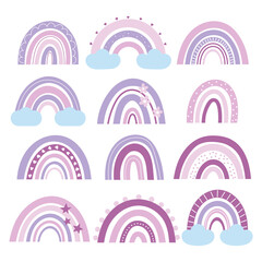 Set of boho style rainbows. Hand drawn abstract rainbows with stars, flowers, dots and clouds. Pink and purple colors. Vector illustration for greeting cards, invitations and nursery decoration.