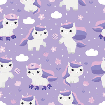 Childish seamless pattern with cute unicorns, flowers, heart and clouds. Kawaii cartoon animals. Pony with roller skates and ball. Purple and pink colors. Vector illustration.